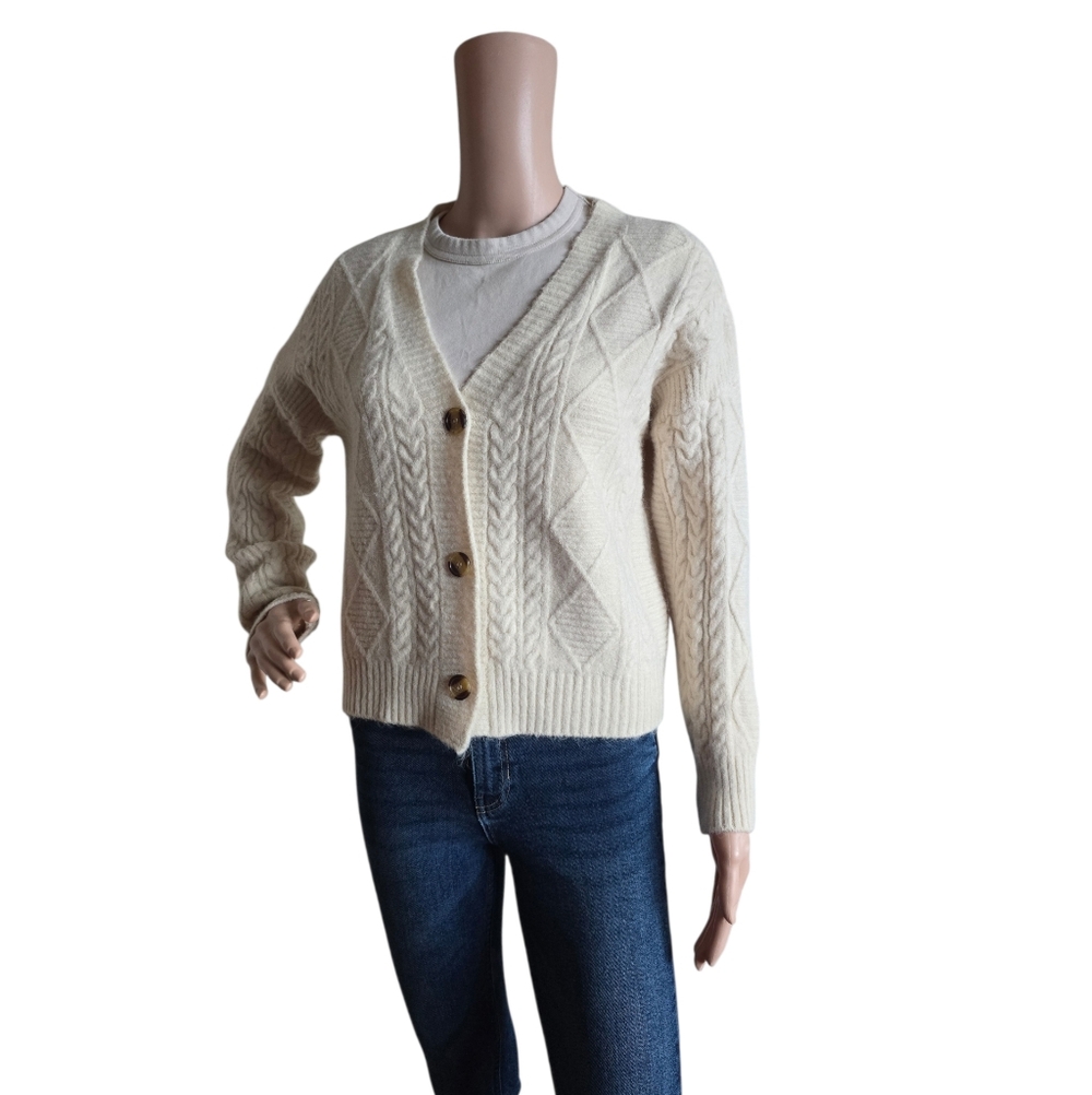 Women's Cream Oversized V-Neck Cable Knit Cropped Cardigan Sweater - Picture 3 of 16